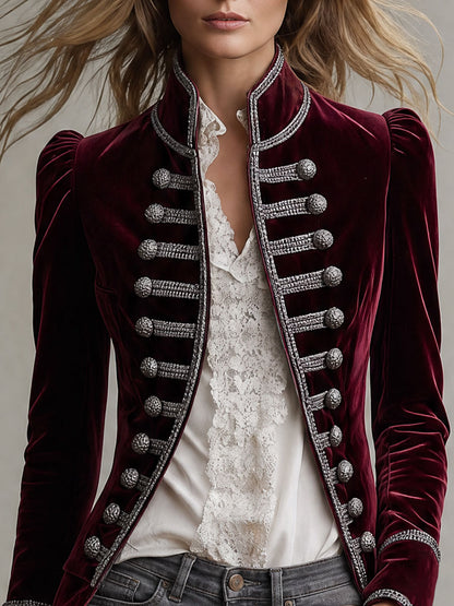 Retro Court Style Burgundy Velvet Military Coat