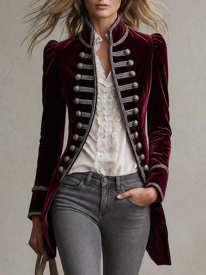 Retro Court Style Burgundy Velvet Military Coat