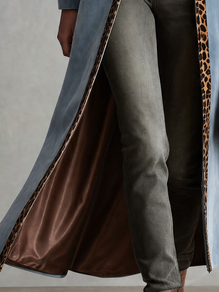 Retro-elegant Leopard-print Trim Blue Velvet Coat
