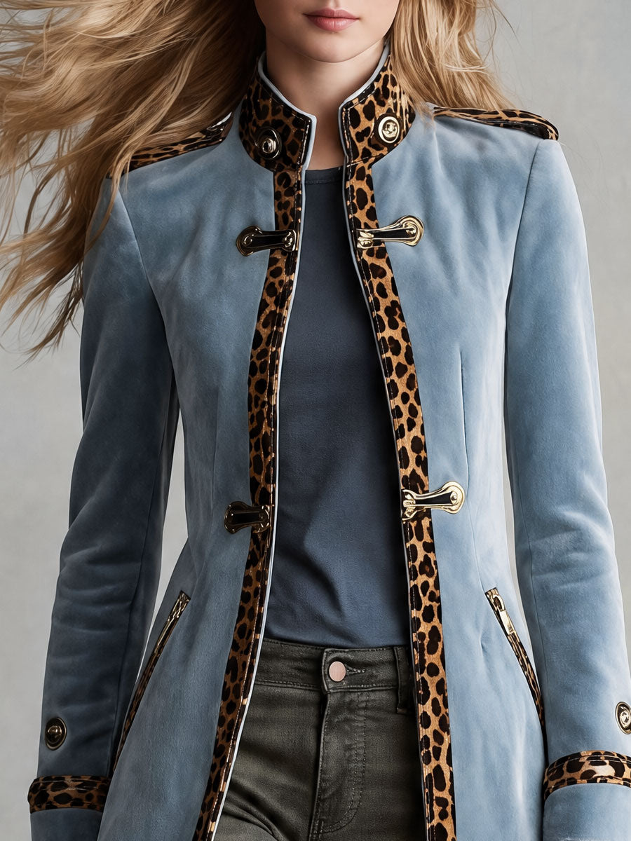 Retro-elegant Leopard-print Trim Blue Velvet Coat