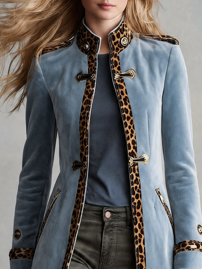 Retro-elegant Leopard-print Trim Blue Velvet Coat