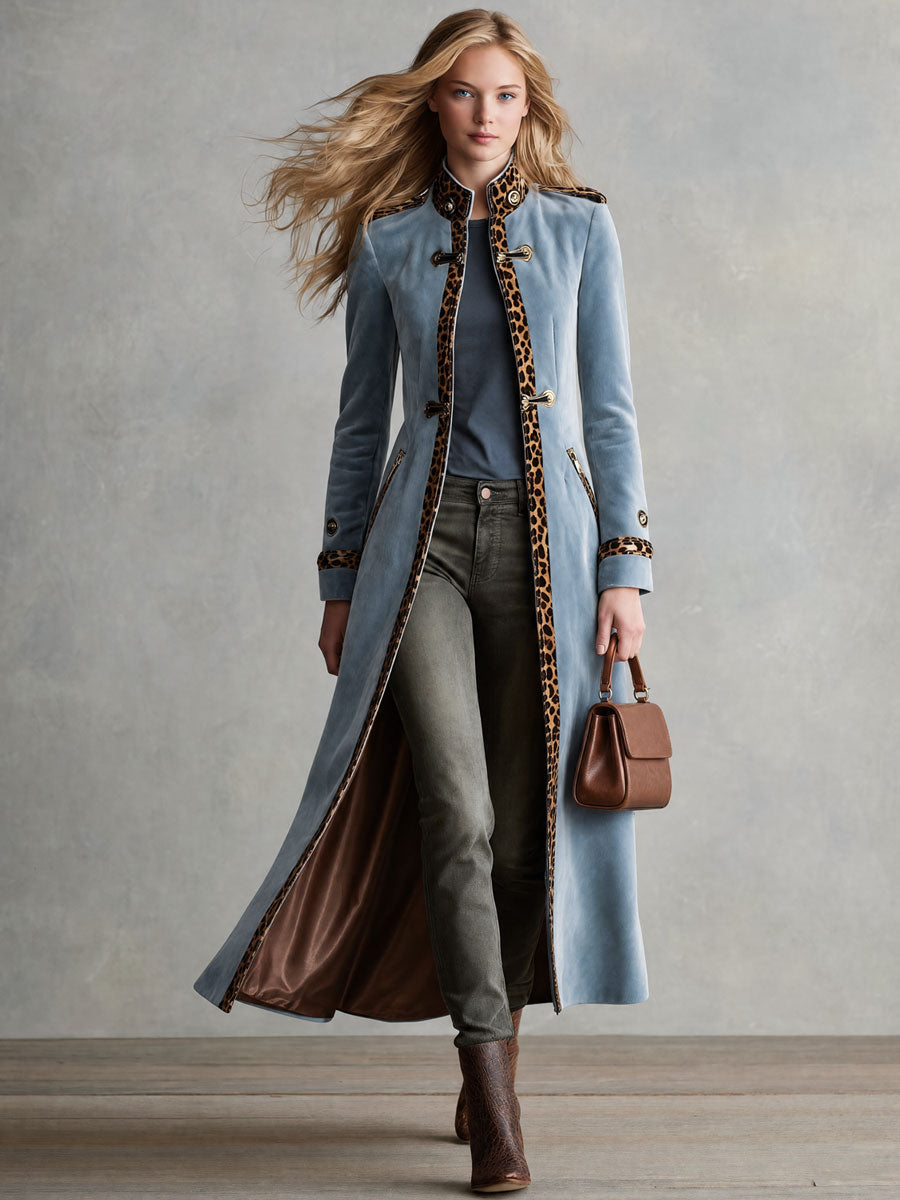 Retro-elegant Leopard-print Trim Blue Velvet Coat