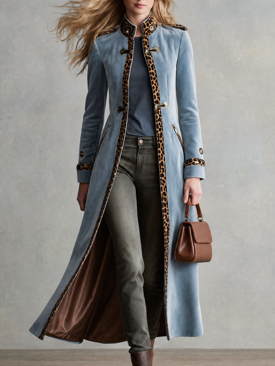 Retro-elegant Leopard-print Trim Blue Velvet Coat