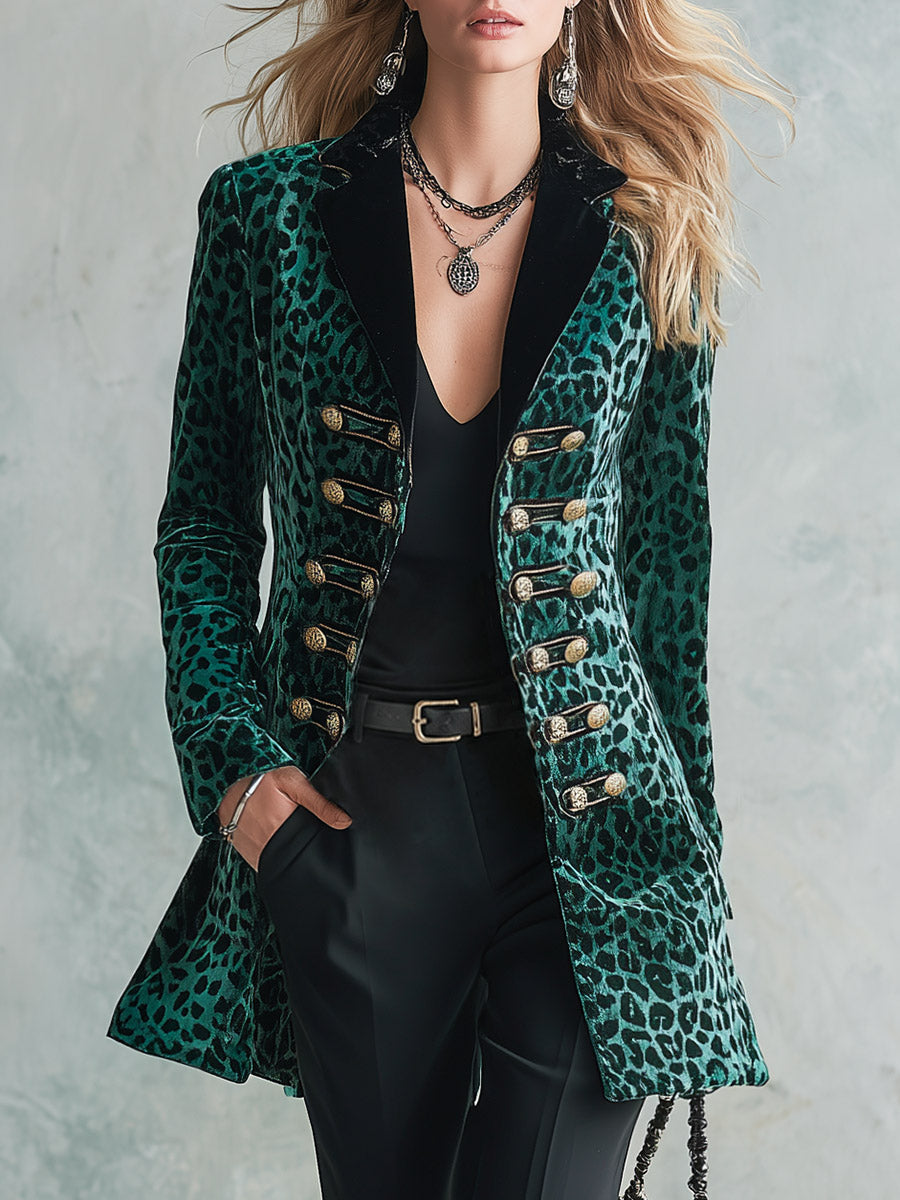 Vintage Military Style Horizontal Button Green Leopard Print Velvet Blazer