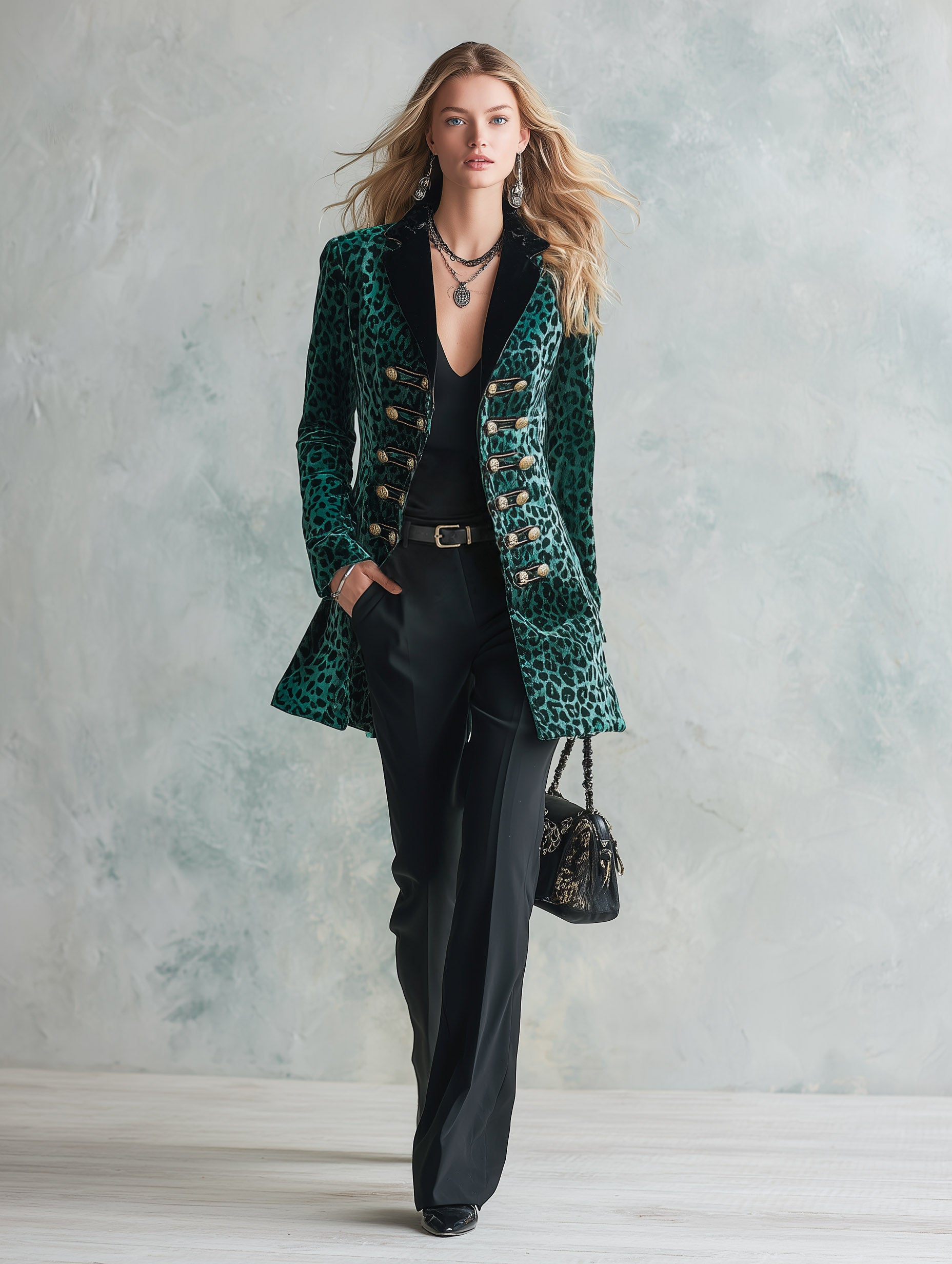 Vintage Military Style Horizontal Button Green Leopard Print Velvet Blazer