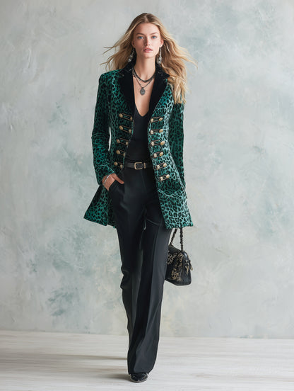 Vintage Military Style Horizontal Button Green Leopard Print Velvet Blazer