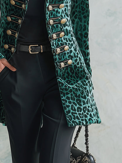 Vintage Military Style Horizontal Button Green Leopard Print Velvet Blazer