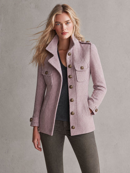 Retro-elegant Pink Herringbone Blend Coat