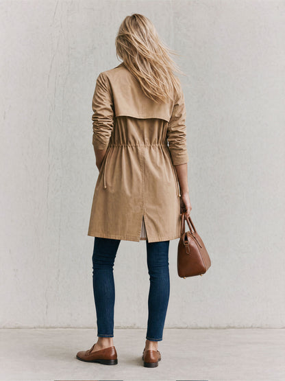 Casual Retro Striped Khaki Mid-length Trench Coat