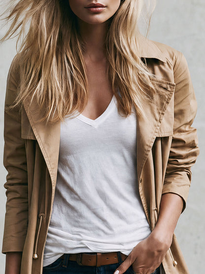 Casual Retro Striped Khaki Mid-length Trench Coat