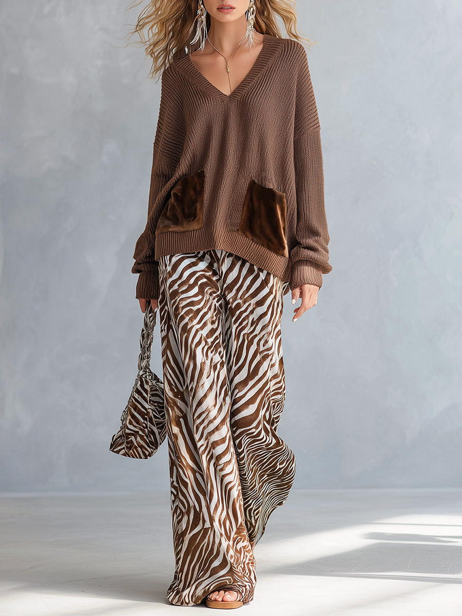 Stylish Everyday Brown V-Neck Sweater &amp; Zebra-Print Velvet Wide-Leg Pants Set