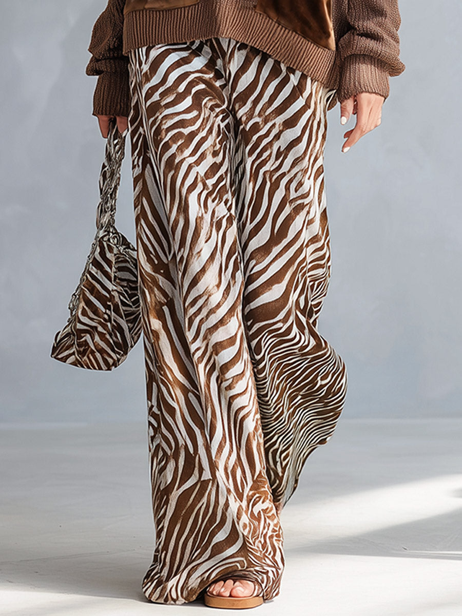 Stylish Everyday Brown V-Neck Sweater &amp; Zebra-Print Velvet Wide-Leg Pants Set