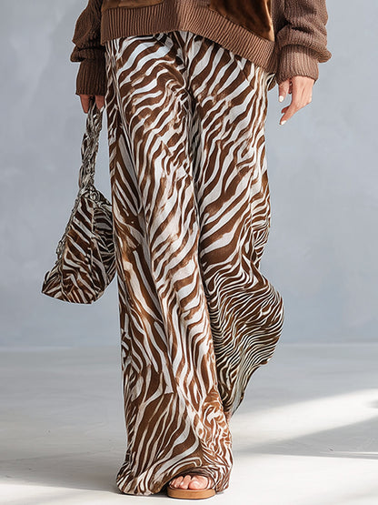 Stylish Everyday Brown V-Neck Sweater &amp; Zebra-Print Velvet Wide-Leg Pants Set