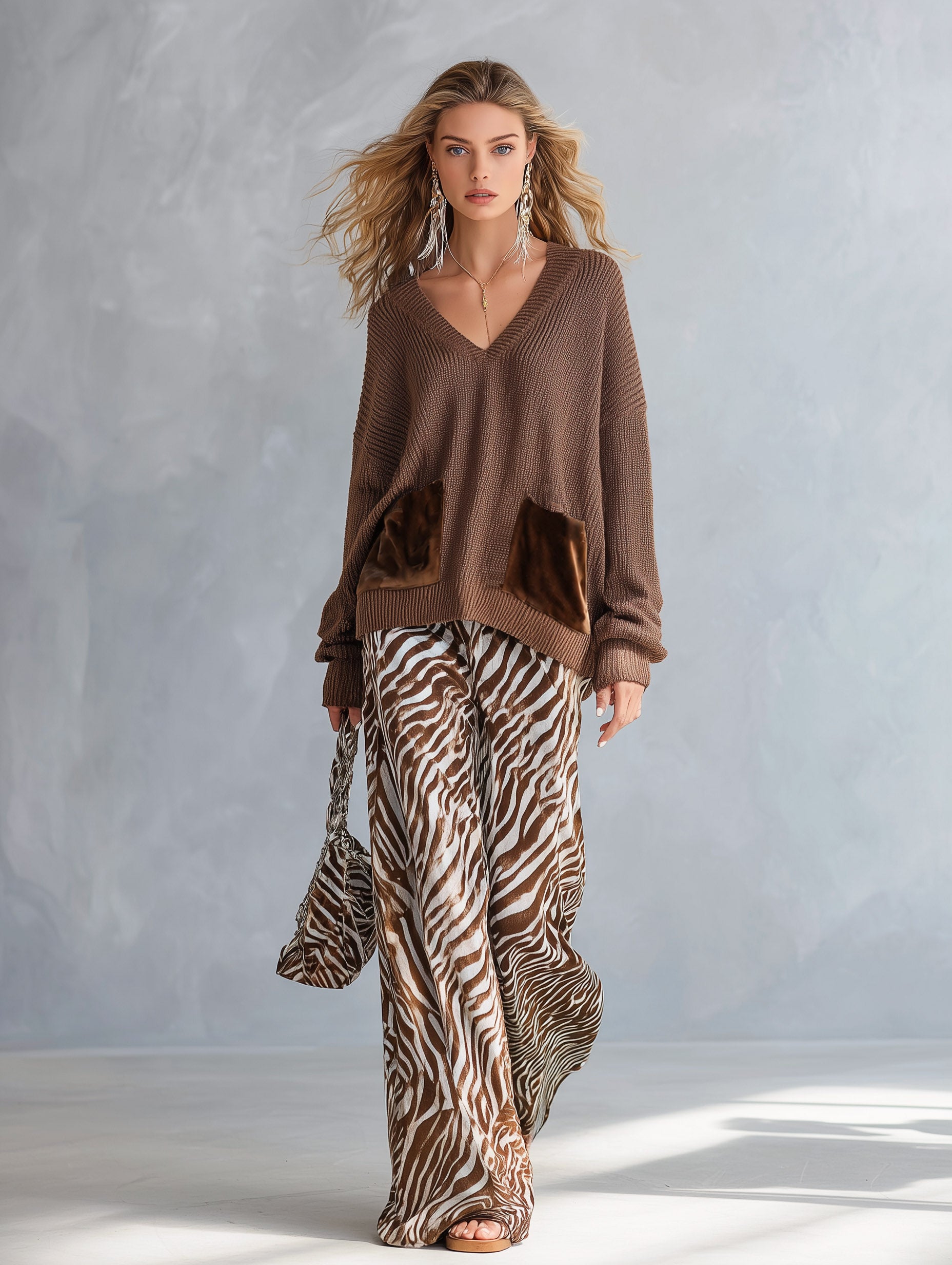 Stylish Everyday Brown V-Neck Sweater &amp; Zebra-Print Velvet Wide-Leg Pants Set