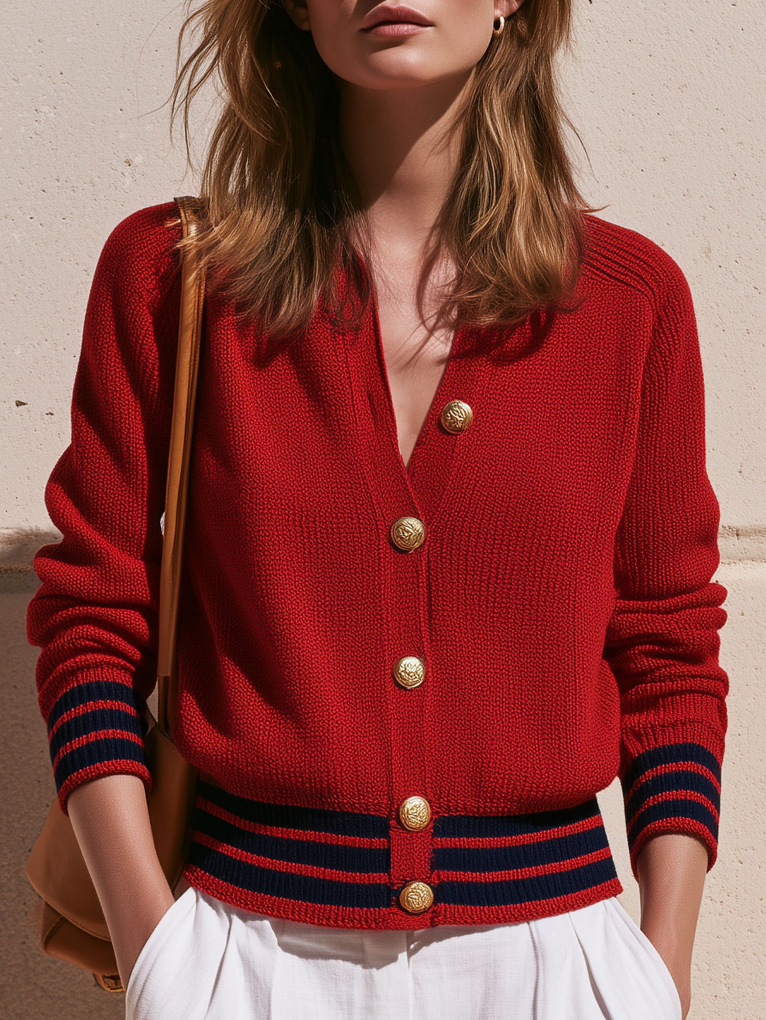Casual Retro Striped Red Knit Cardigan