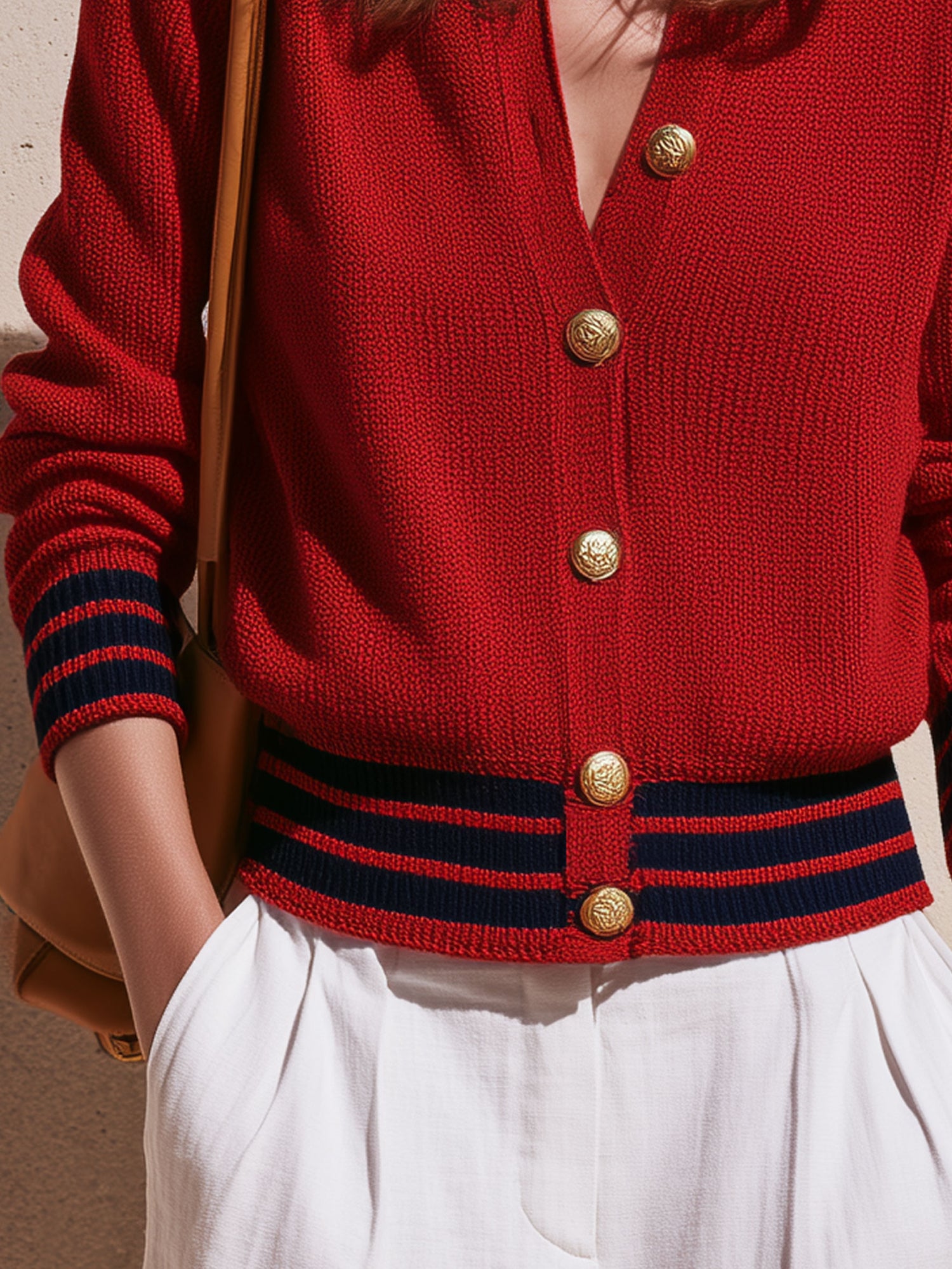 Casual Retro Striped Red Knit Cardigan