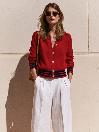 Casual Retro Striped Red Knit Cardigan