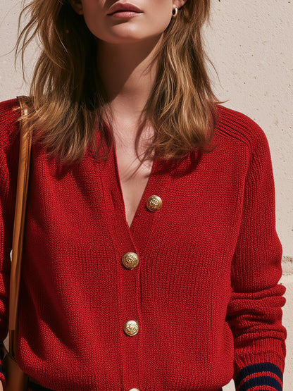 Casual Retro Striped Red Knit Cardigan