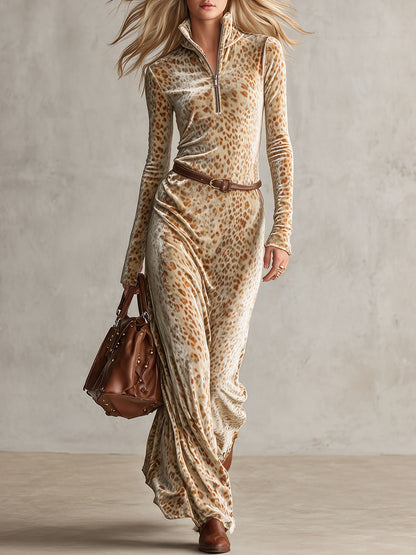 Retro-elegant Light Brown Leopard Print Stand Collar Half-zip Velvet Maxi Dress