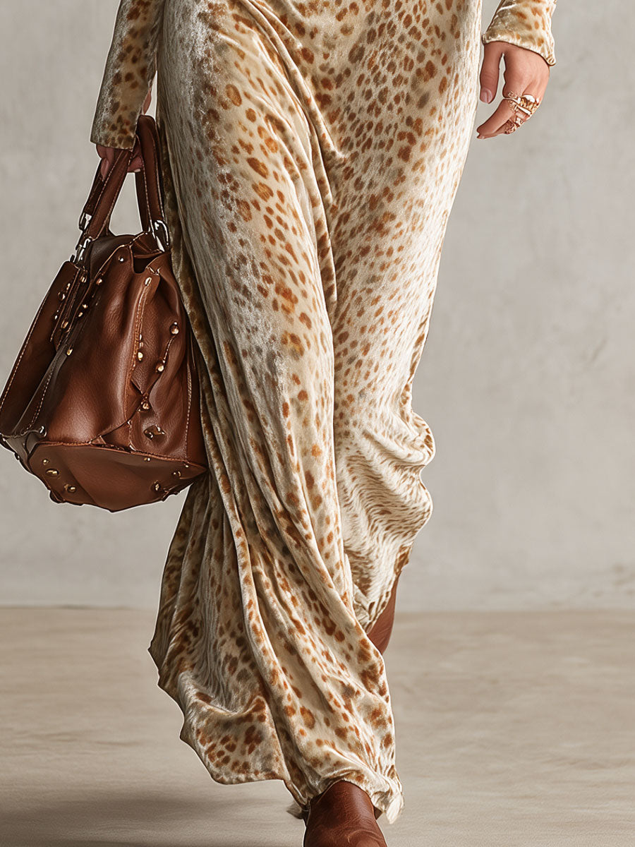 Retro-elegant Light Brown Leopard Print Stand Collar Half-zip Velvet Maxi Dress