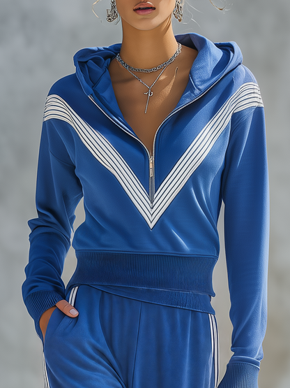 Retro-casual Elegant Blue Cotton-blend Sweatshirt And Sweatpants Set