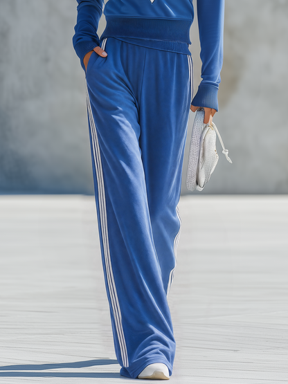Retro-casual Elegant Blue Cotton-blend Sweatshirt And Sweatpants Set