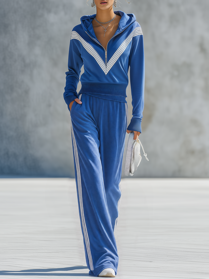 Retro-casual Elegant Blue Cotton-blend Sweatshirt And Sweatpants Set