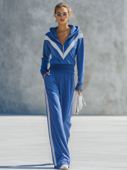 Retro-casual Elegant Blue Cotton-blend Sweatshirt And Sweatpants Set