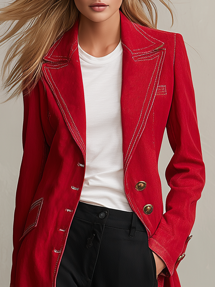 American Vintage Notched-lapel Contrast-stitch Slim-fit Long Denim Trench Coat