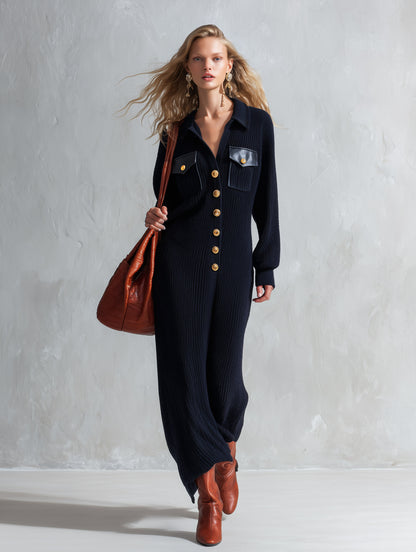 Elegant PU Flap-detail Black Long-sleeve Knitted Maxi Dress