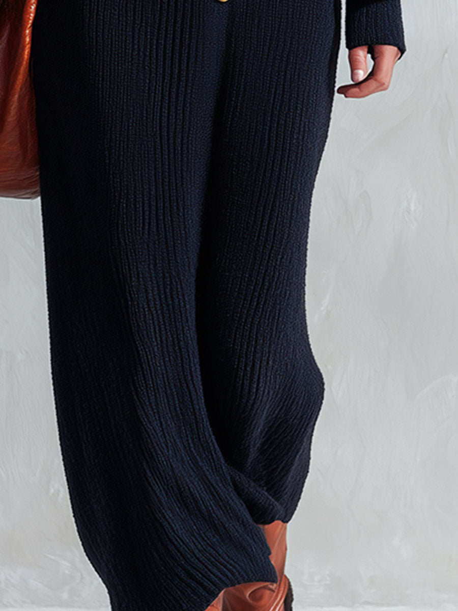 Elegant PU Flap-detail Black Long-sleeve Knitted Maxi Dress