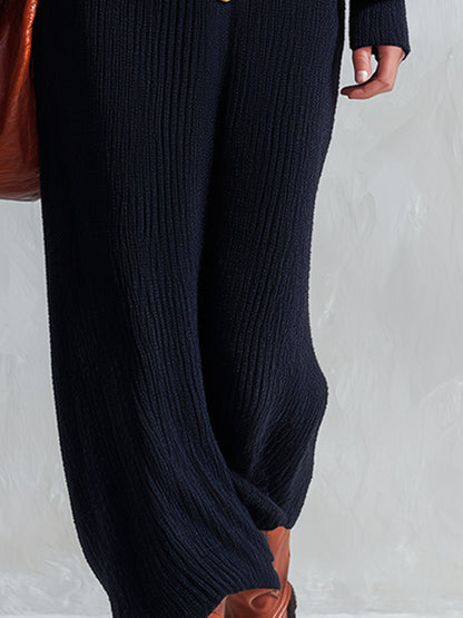 Elegant PU Flap-detail Black Long-sleeve Knitted Maxi Dress