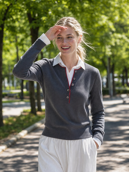 Retro-casual Elegant Henley-neck Knit Top