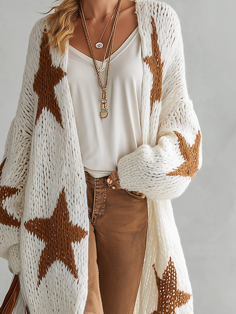Chic &amp; Casual Off-white With Contrasting Star Motif Knit Maxi Cardigan