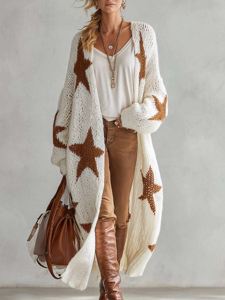 Chic &amp; Casual Off-white With Contrasting Star Motif Knit Maxi Cardigan