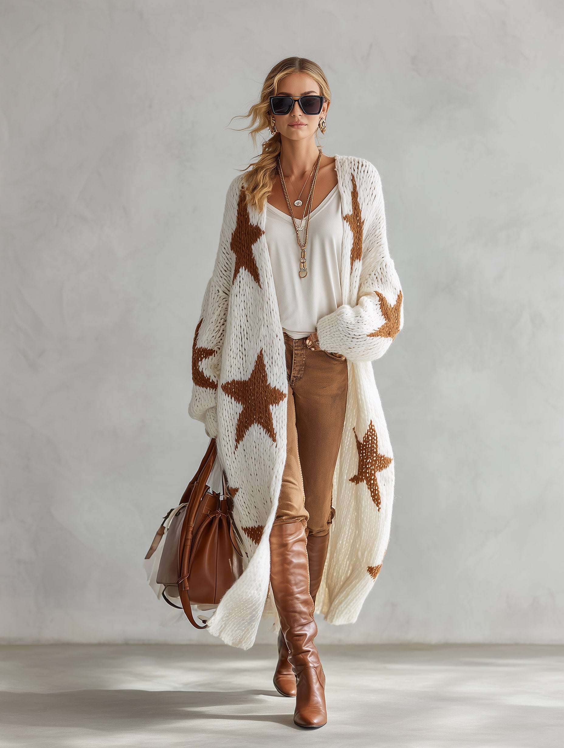 Chic &amp; Casual Off-white With Contrasting Star Motif Knit Maxi Cardigan