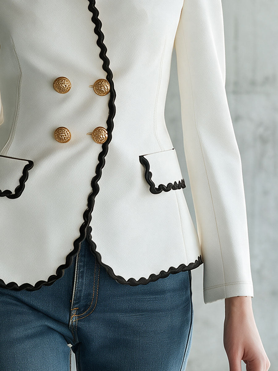 Retro-elegant Color-blocked Wavy-trimmed White Stand-collar Jacket