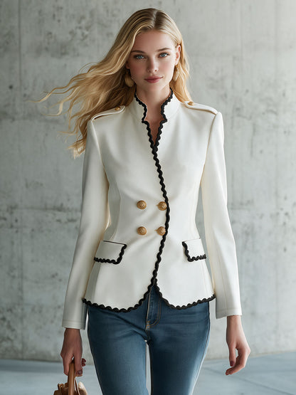 Retro-elegant Color-blocked Wavy-trimmed White Stand-collar Jacket