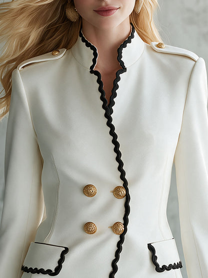 Retro-elegant Color-blocked Wavy-trimmed White Stand-collar Jacket