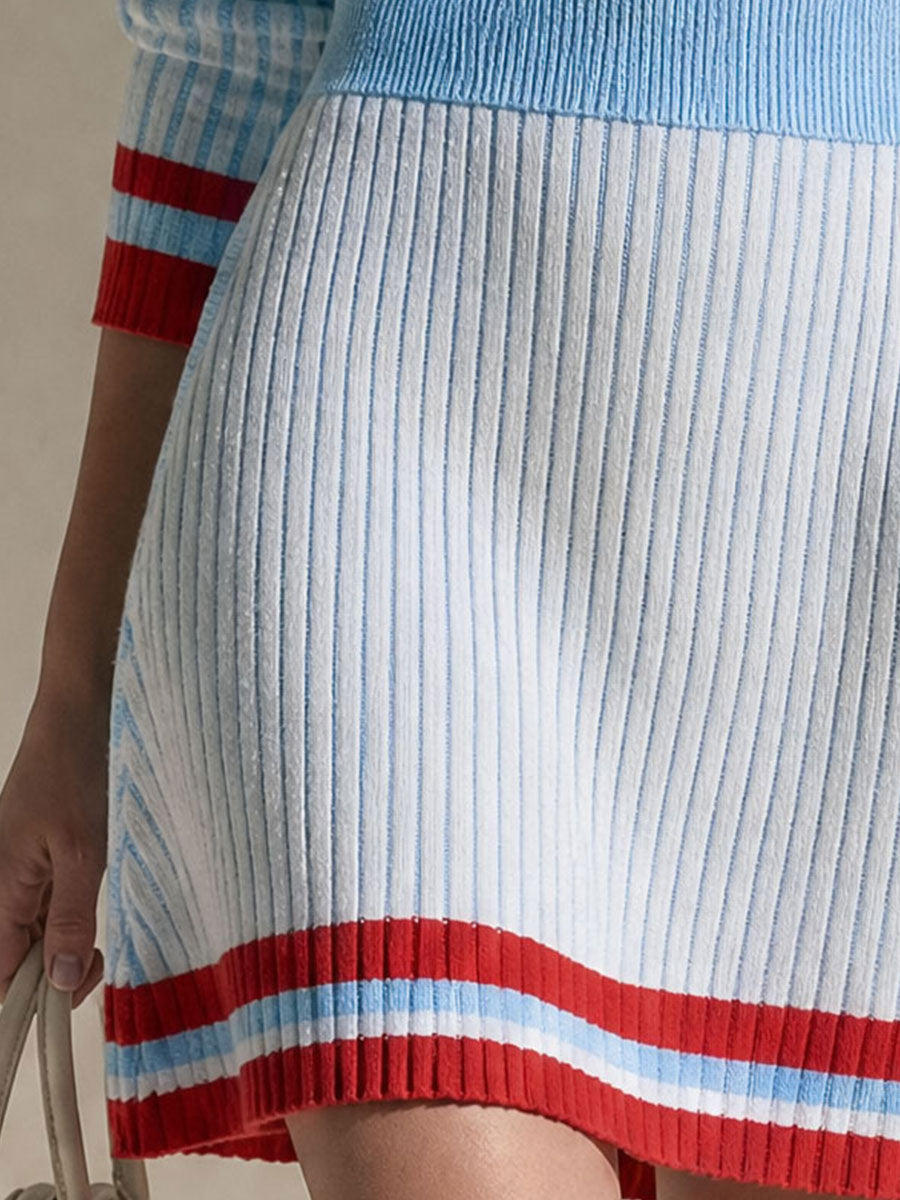 Retro-elegant Color-blocked Collar Button-down Knit Mini Dress