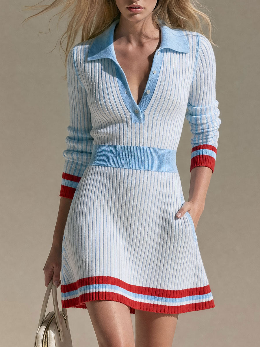 Retro-elegant Color-blocked Collar Button-down Knit Mini Dress
