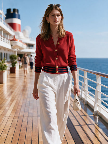 Casual Retro Striped Red Knit Cardigan
