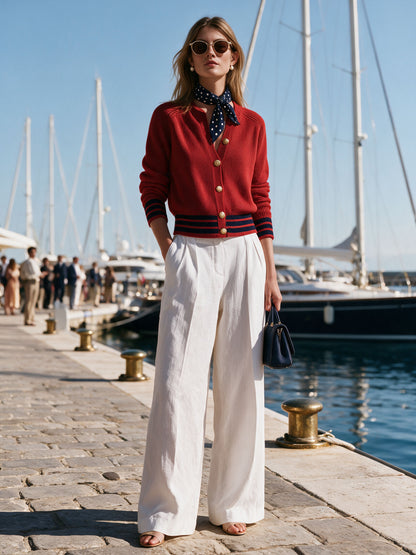 Casual Retro Striped Red Knit Cardigan