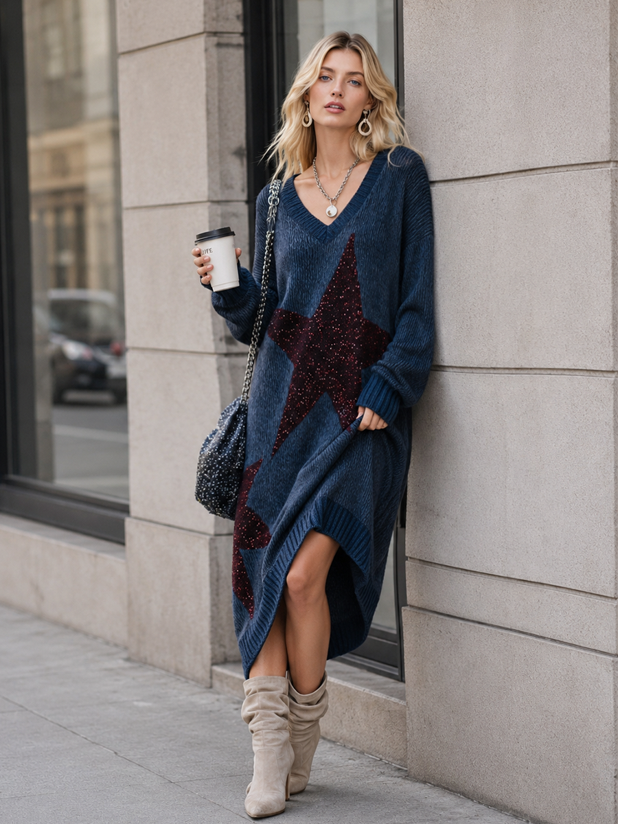 Trendy Oversized Fit Sequin Star Patch Blue Knit Midi Dress