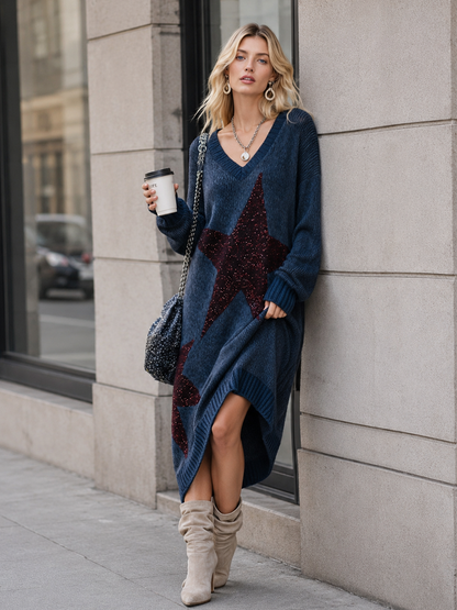 Trendy Oversized Fit Sequin Star Patch Blue Knit Midi Dress