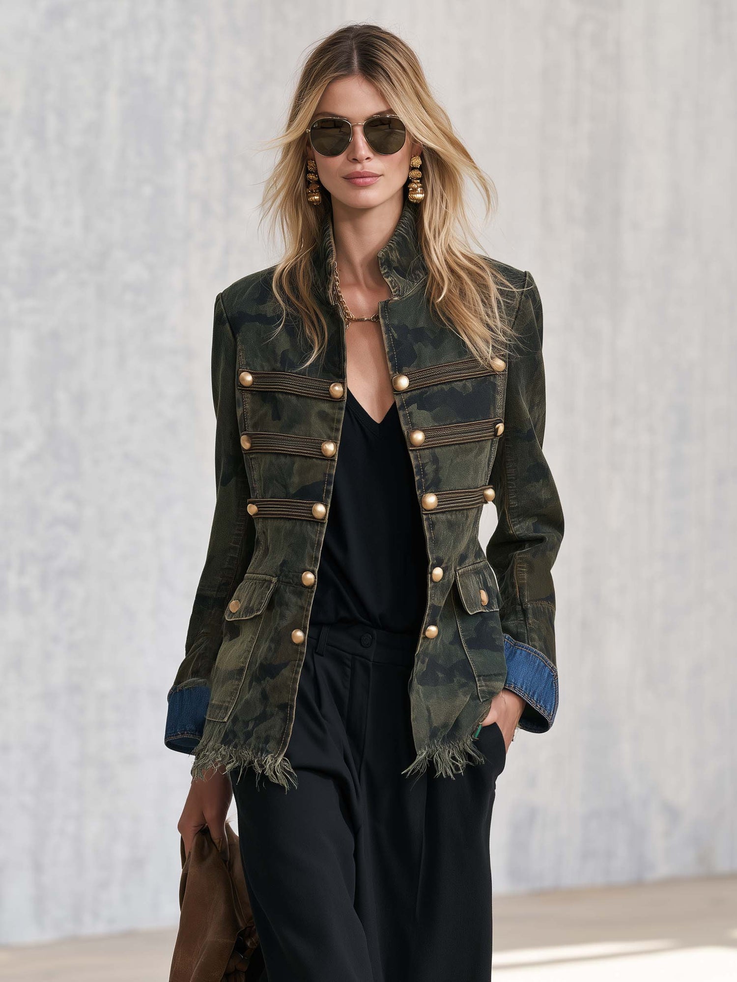 Vintage Camo Denim Stand-Collar Gold-Button Frayed-Hem Jacket