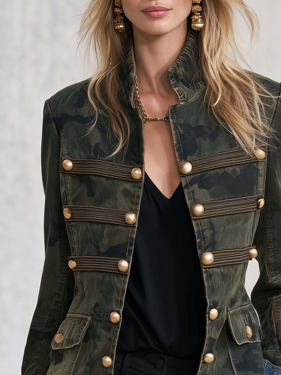 Vintage Camo Denim Stand-Collar Gold-Button Frayed-Hem Jacket