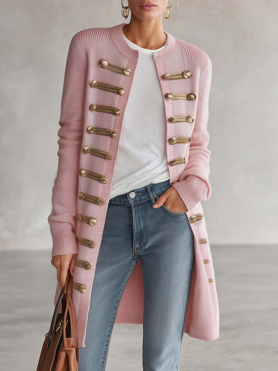 Vintage Pink Knit Gold-Button Band-Trim Open-Front Longline Military Cardigan Women