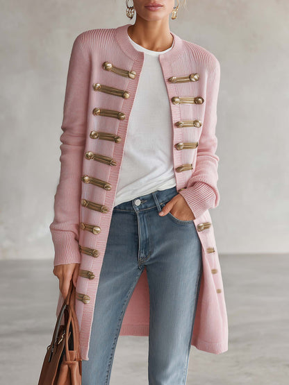 Vintage Pink Knit Gold-Button Band-Trim Open-Front Longline Military Cardigan Women