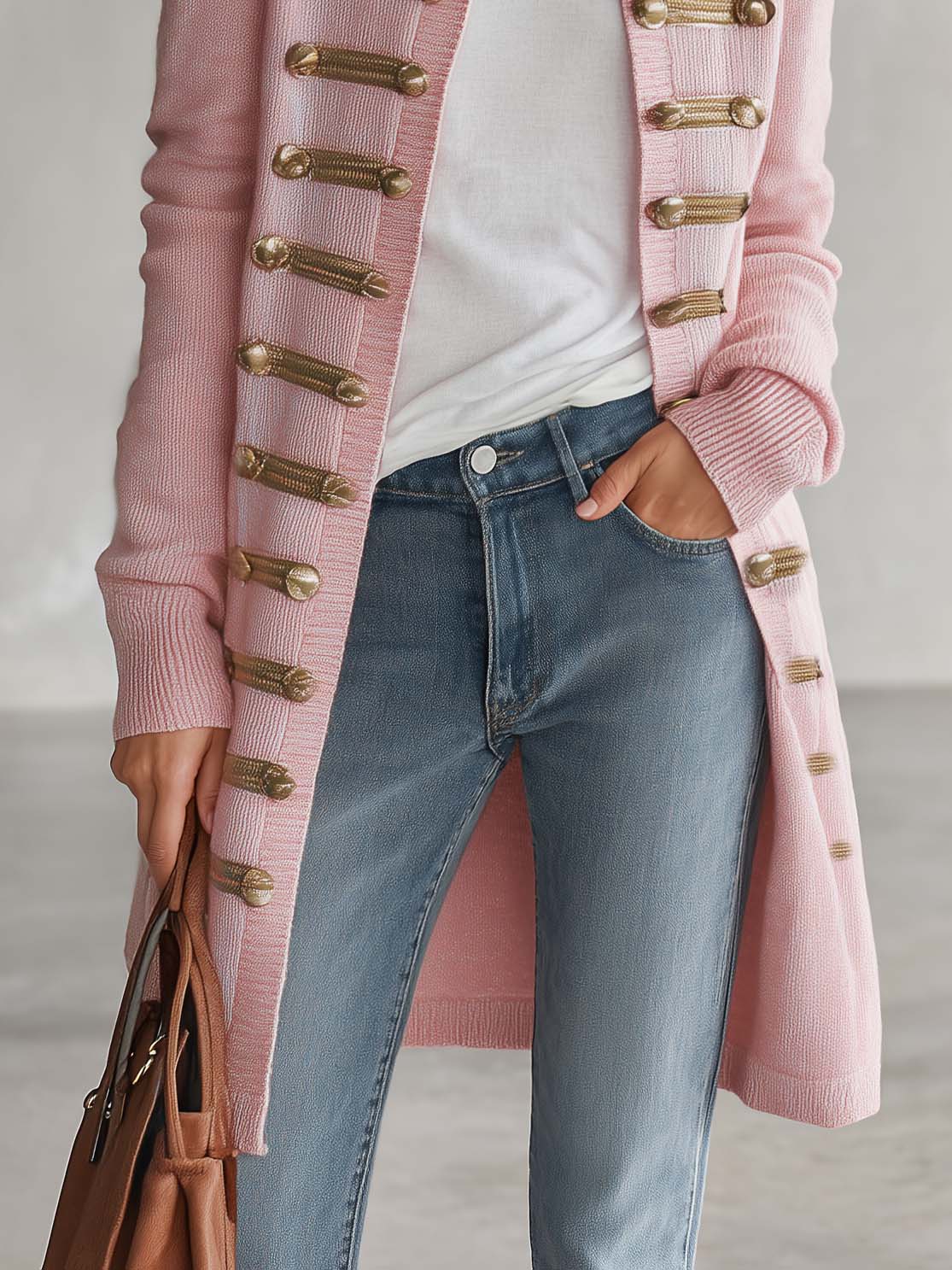 Vintage Pink Knit Gold-Button Band-Trim Open-Front Longline Military Cardigan Women